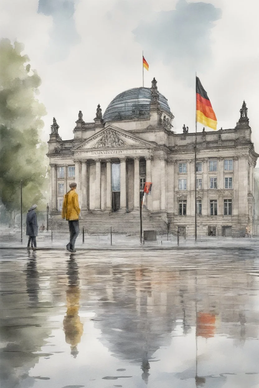 Typical Germany, Reichstag architecture, one small German flag hanging on the facade of the building. There is a street sign at the intersection. People on the street are reflected in a puddle on the asphalt. Watercolor style. 8k quality