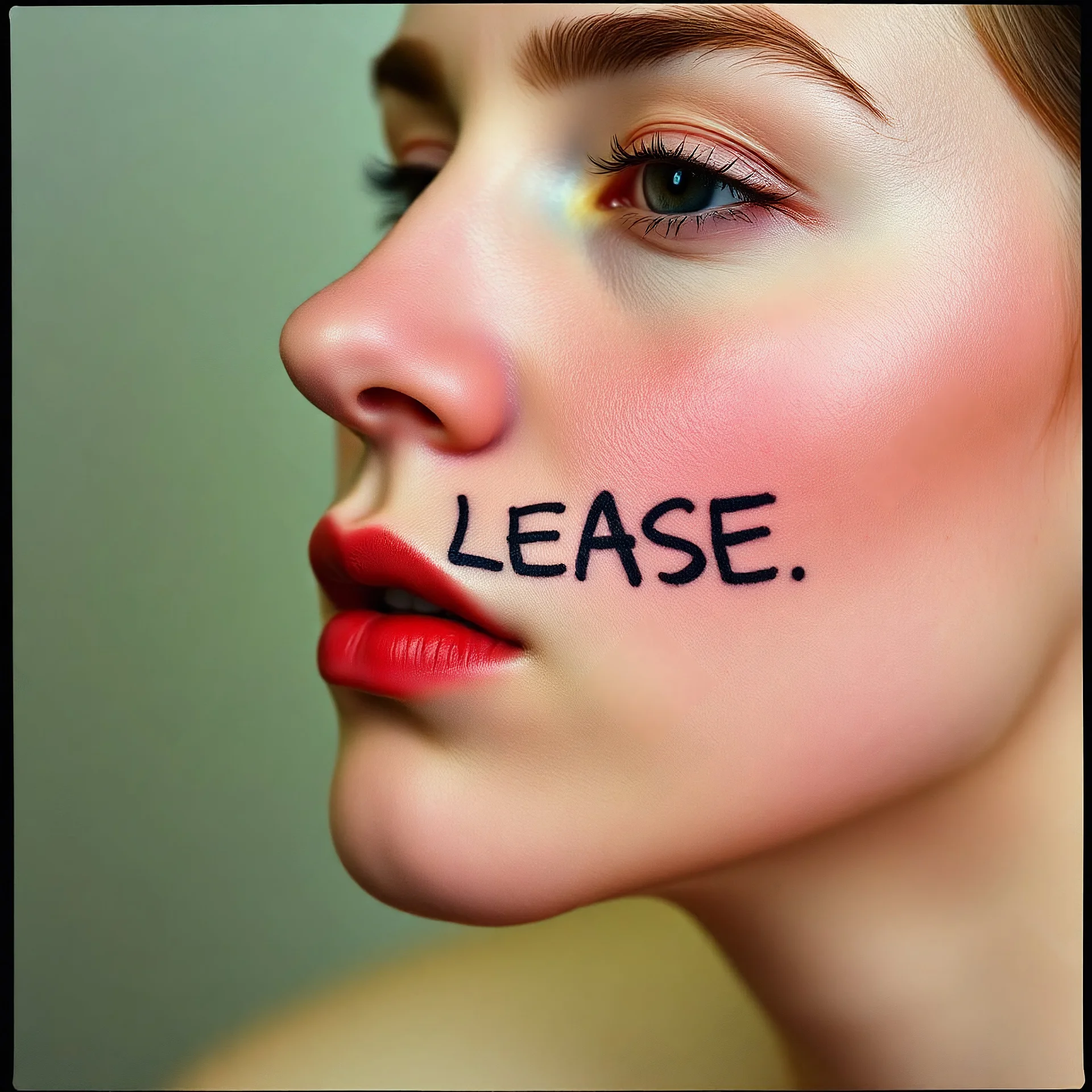 photograph, 'PLEASE' written on a cheek, in the style of photographer Charlotte Abramow