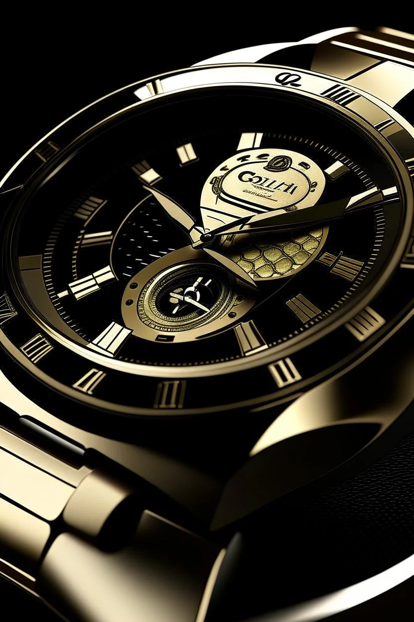 Create an image that prominently displays the logo and signature design elements of a renowned luxury watch brand known for its solid gold models.