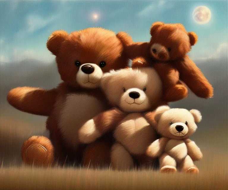 little boy and big teddy bears on moon. oil on canvas