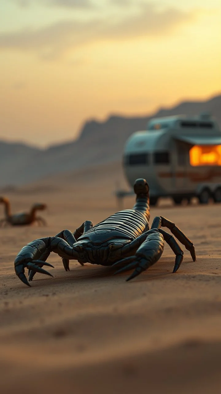 A zoom in Scorpion and in the background realistic photo of a landscape covered in sands that looks futuristic with futuristic lighting , a caravan from the “Breaking Bad” episodes