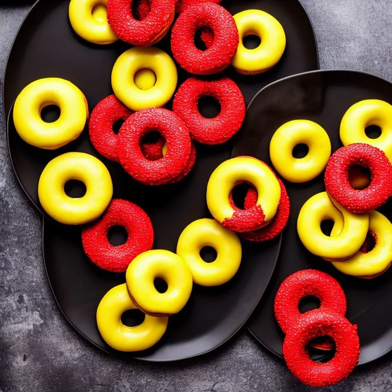 Yellow and red and black donuts on a plate on a black table