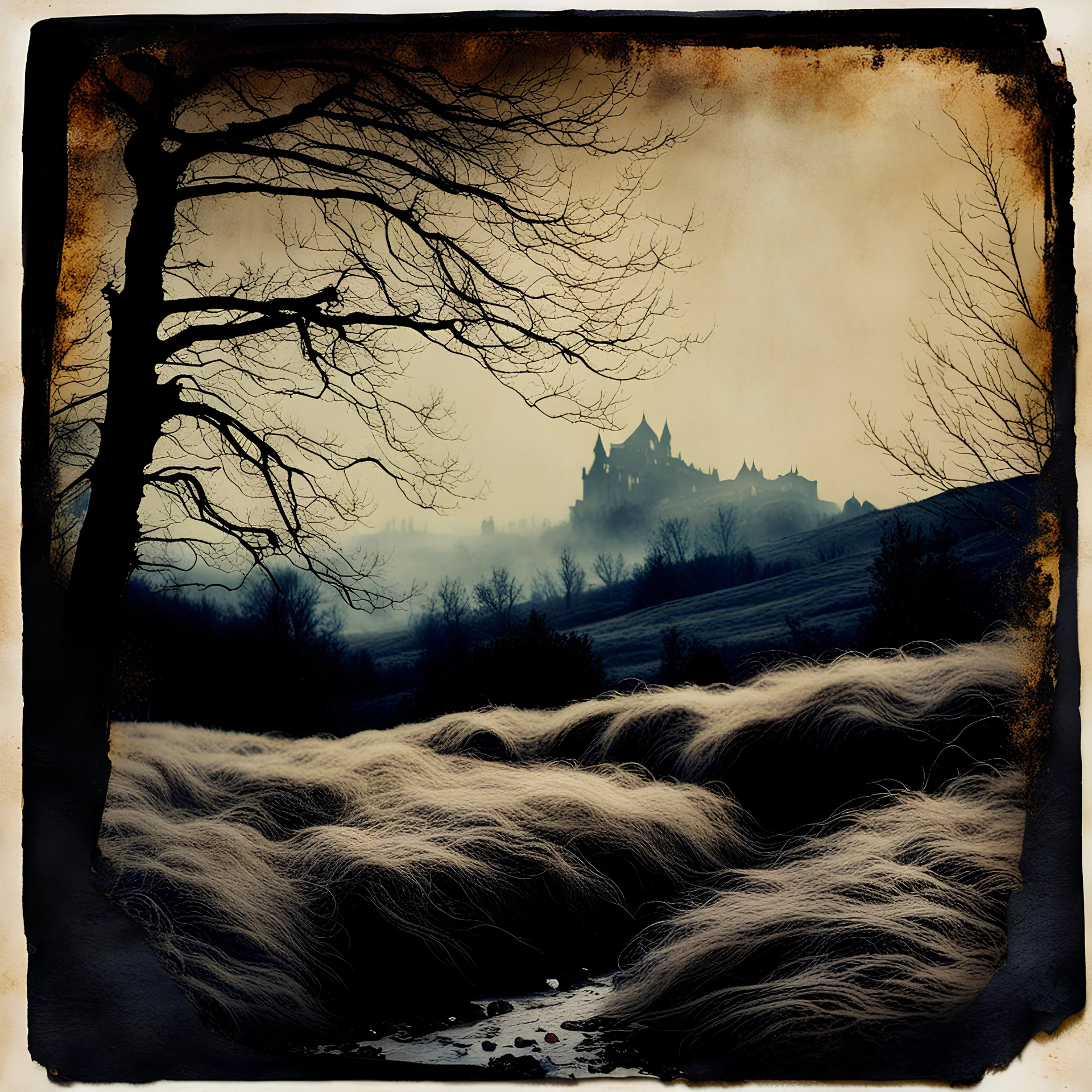 Polaroid detailed spooky landscape strong texture, extreme detail, distress, high contrast, rich colours, Alphonse Mucha