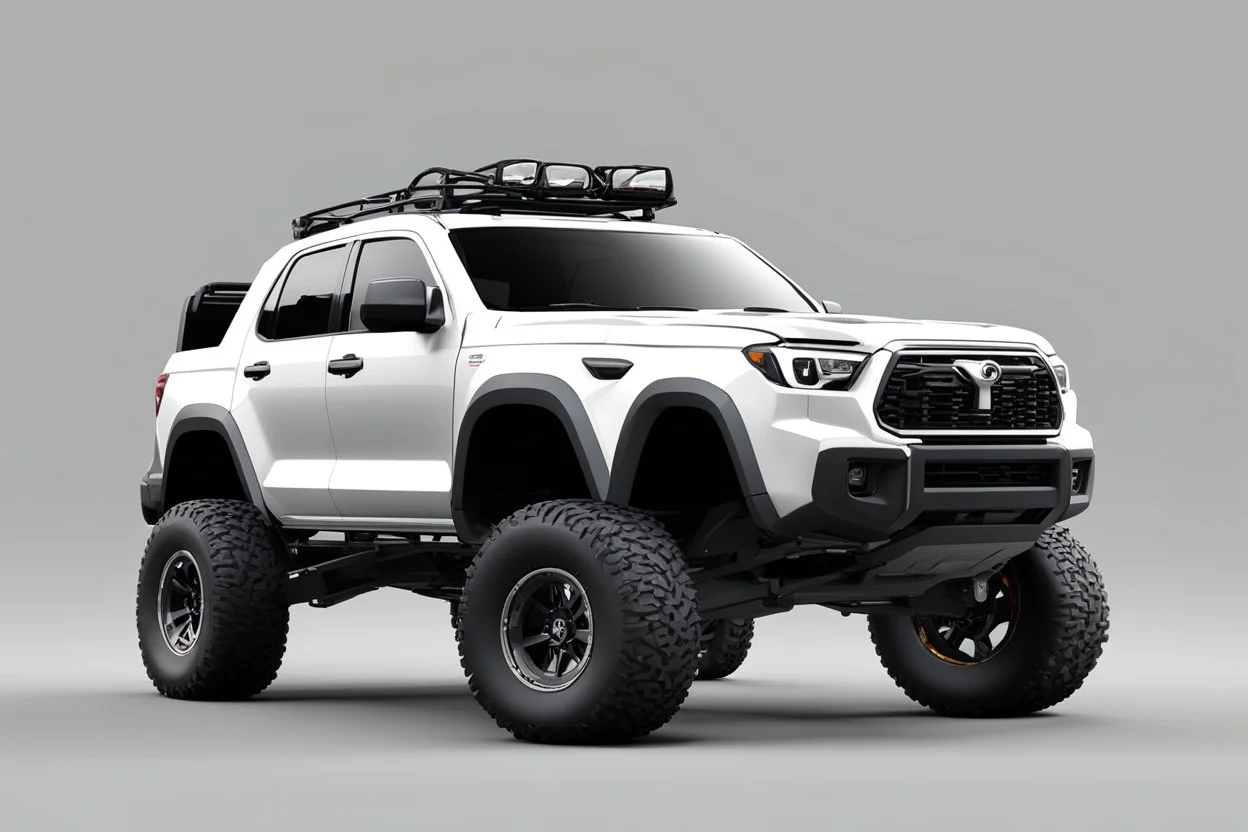 In 3d Mikros animation style. Generate an image of an off-road modified 2019 Toyota Tacoma but It's in the color of White. It has some gear like it was made to drive on Dino Island. Show the vehicle on a neutral grey background and like a turnaround.