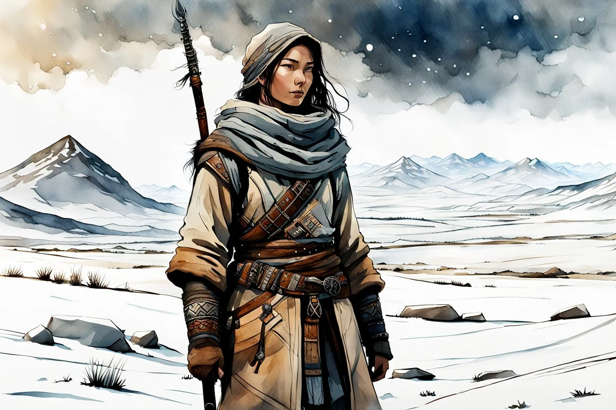 create an ink wash and watercolor, full body, young, otherworldly lost Siberian nomadic female huntress, fantasy art concept character, with highly detailed, sharply lined and deeply weathered facial features, outside her yurt in a desolate tundra steppe landscape , in natural winter tundra colors, 4k