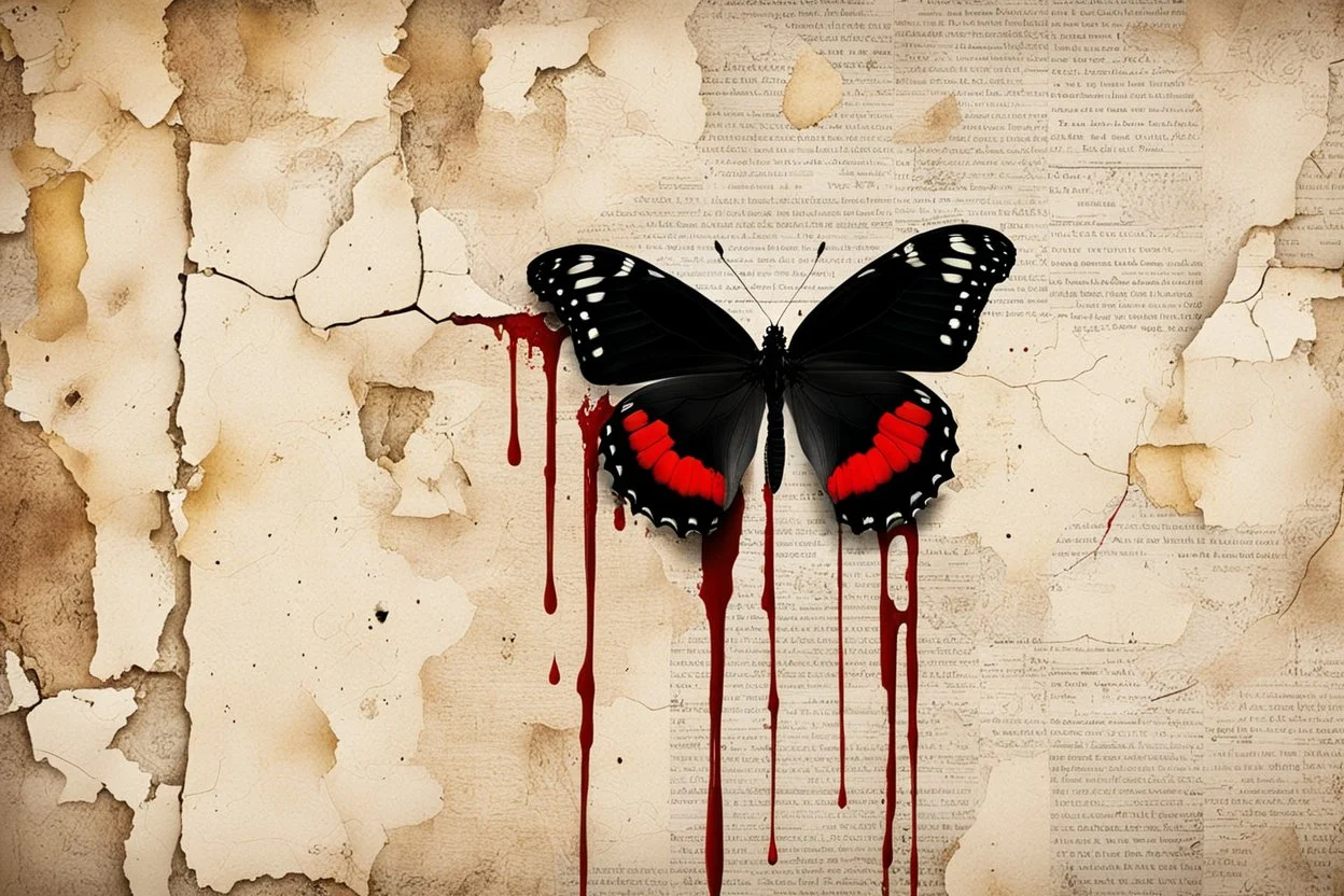 a bleeding black butterfly is nailed to an old dirty wall, red blood flows from the butterfly's wings and body, old yellowed torn newspaper clippings, dirty fingerprints, cracked old grayed white paint on the wall, intricate details, sharp focus, filmy , surreal, frighteningly beautiful, perfect composition