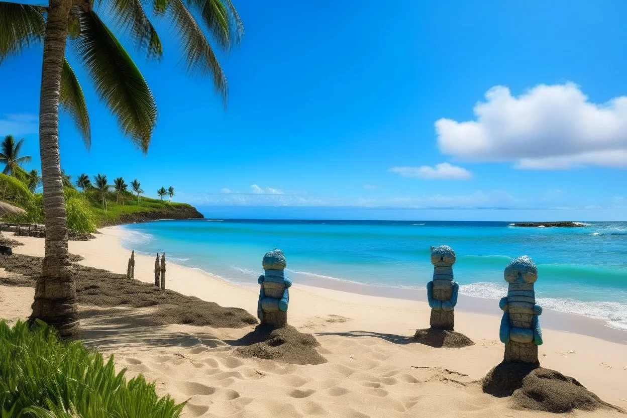 A blue serene beach with Hawaiian tikis