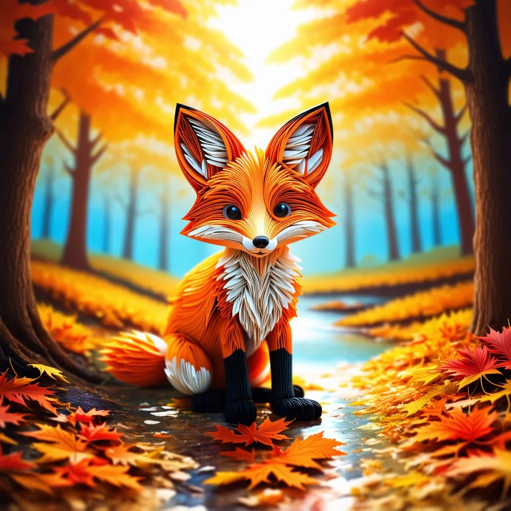 quilling paper art. orange fox centered in an autumn picturesque landscape. collage of torn paper. paper collage. Perfect composition, multi-layered, backlight from inside, strong contrast, volumetric lighting