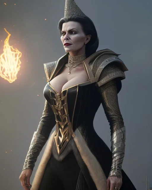 old evil queen in black leather gown, femme fatale, volouptous, busty, cleavage, angry, emperious, 8k resolution concept art portrait by Greg Rutkowski,