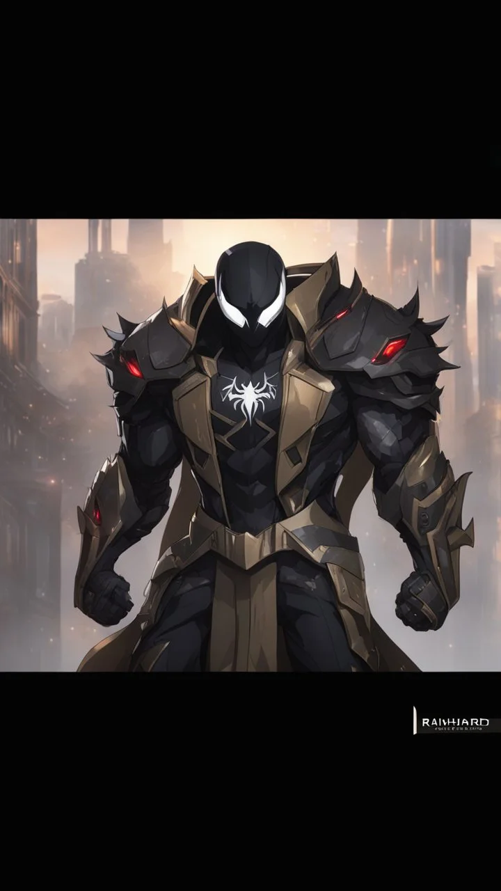 Rainhard suit mix with venom symbiote in solo leveling shadow artstyle, rainhard armor, demon lord them, intricate details, highly detailed, high details