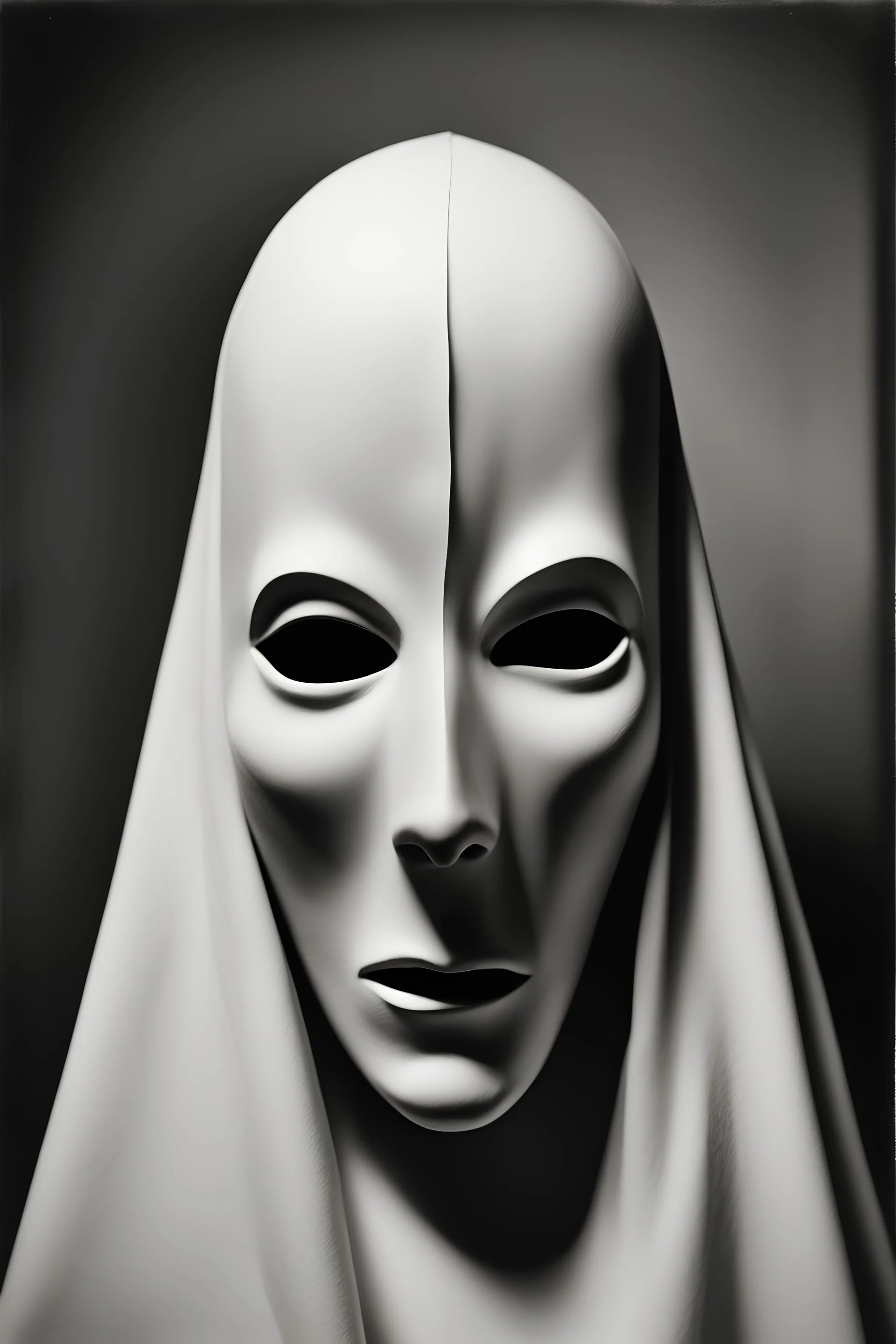 a black and white photograph in the style of man ray, the photograph is of a scary ghost mask