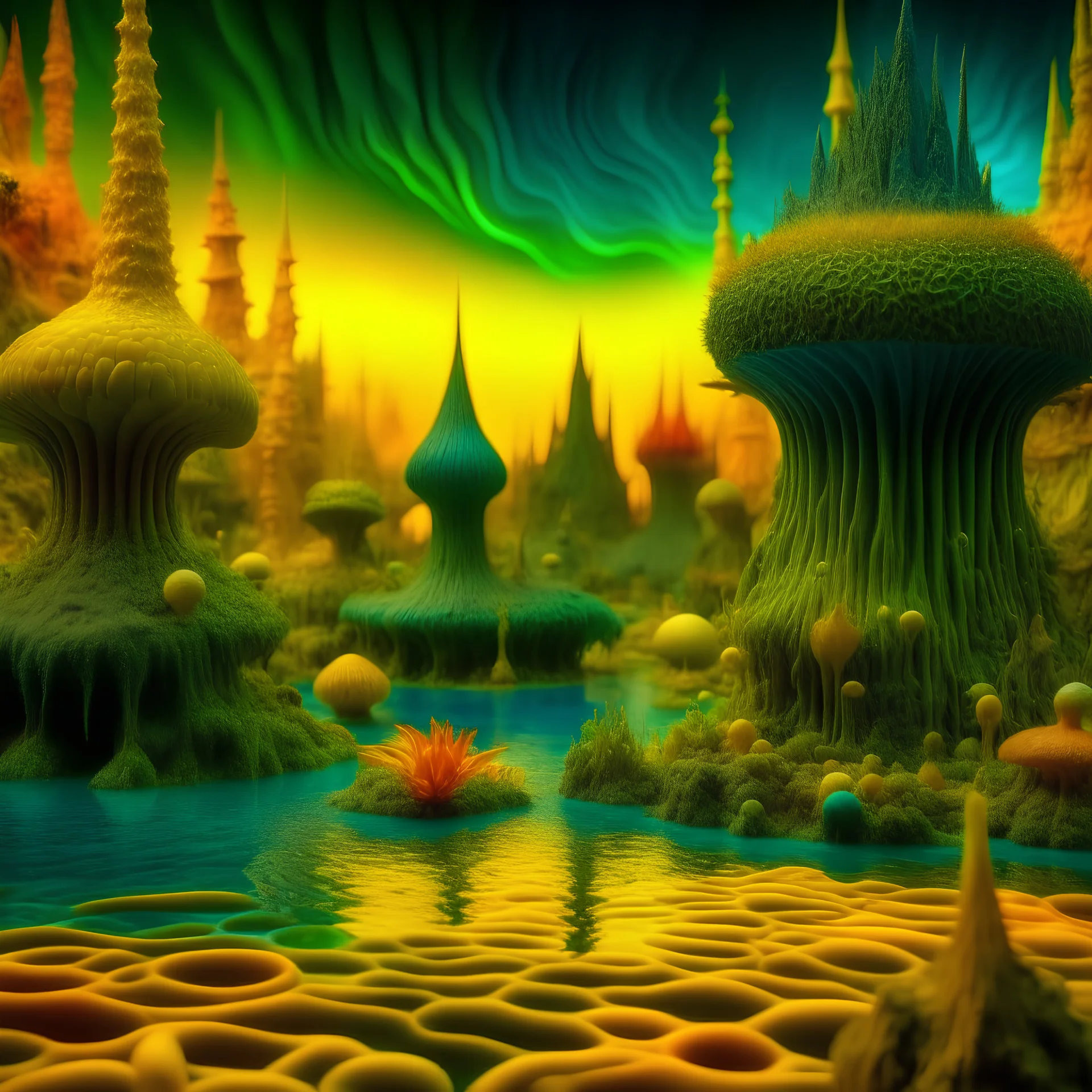 Odd swamp landscape with odd beings surreal abstract Max Ernst style, 120mm photography, sharp focus, 8k, 3d, very detailed, volumetric light, grim, fine art, very colorful, ornate, F/2.8, insanely detailed and intricate, hypermaximalist