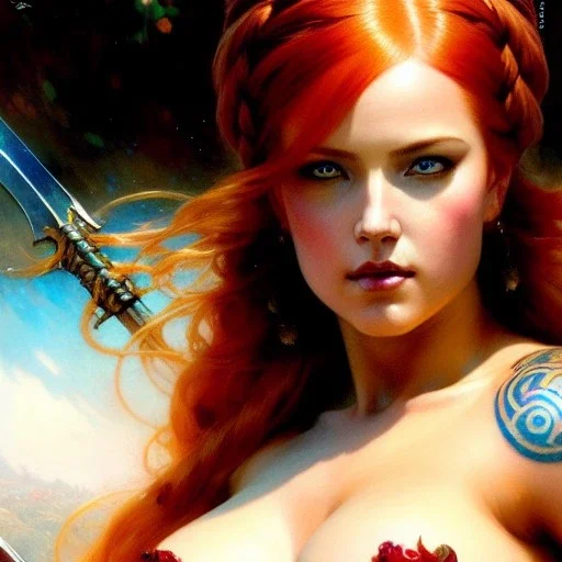 portrait 'beautiful Sexy busty Redhead Sif',Braids,tattoed,painting by gaston bussiere, greg rutkowski, yoji shinkawa, yoshitaka amano, tsutomu nihei, donato giancola, tim hildebrandt, oil on canvas, cinematic composition, extreme detail,fit full head inside picture,32k