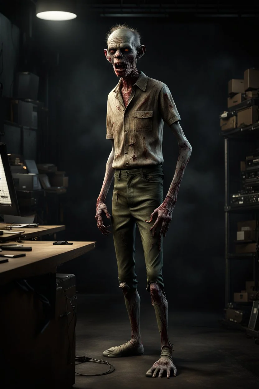 In a sleek, industrial studio setting, a photorealistic 12k ultra-high-definition rendering of a zombie model is captured in a mysterious pose. The zombie, adorned in a shirt made from elephant skin, pants are short ripped skinny pants, shoes are Crocs from elephant skin, thick soles with rollerblades,exudes a sinister aura under the studio's dark and mysterious lighting, creating an unsettling juxtaposition of the undead and the avant-garde."