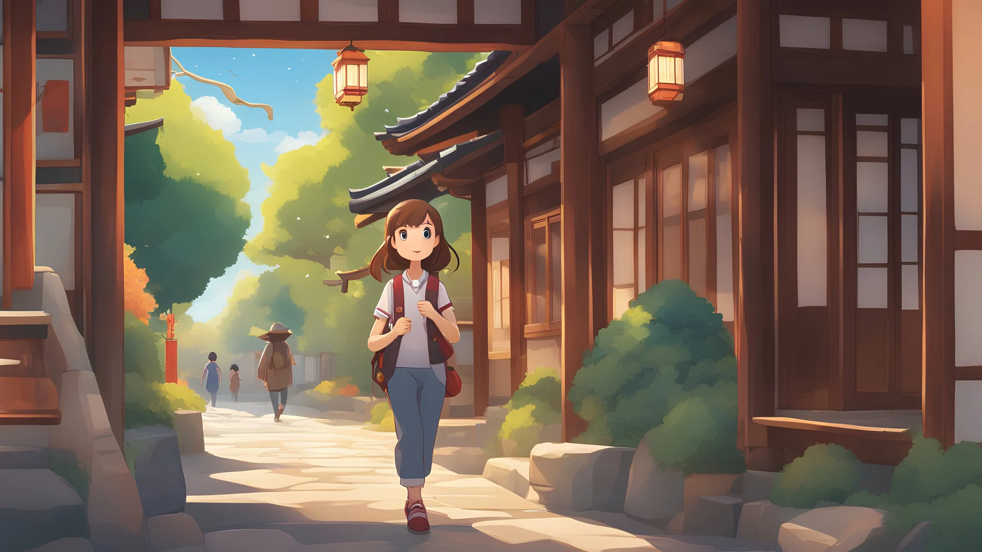 Cartoon style a warm and vibrant scene in a cartoon style. The protagonist is a beautiful brown-haired girl with her backpack, exploring a traditional Kyoto street. The bright sunlight reflects off the polished wooden surfaces, highlighting the vibrant colors of the surroundings. The girl has a joyful expression, sparkling eyes, and a contagious smile. Her posture is relaxed as she wanders with curiosity and excitement, perhaps discovering the charm of Kyoto.