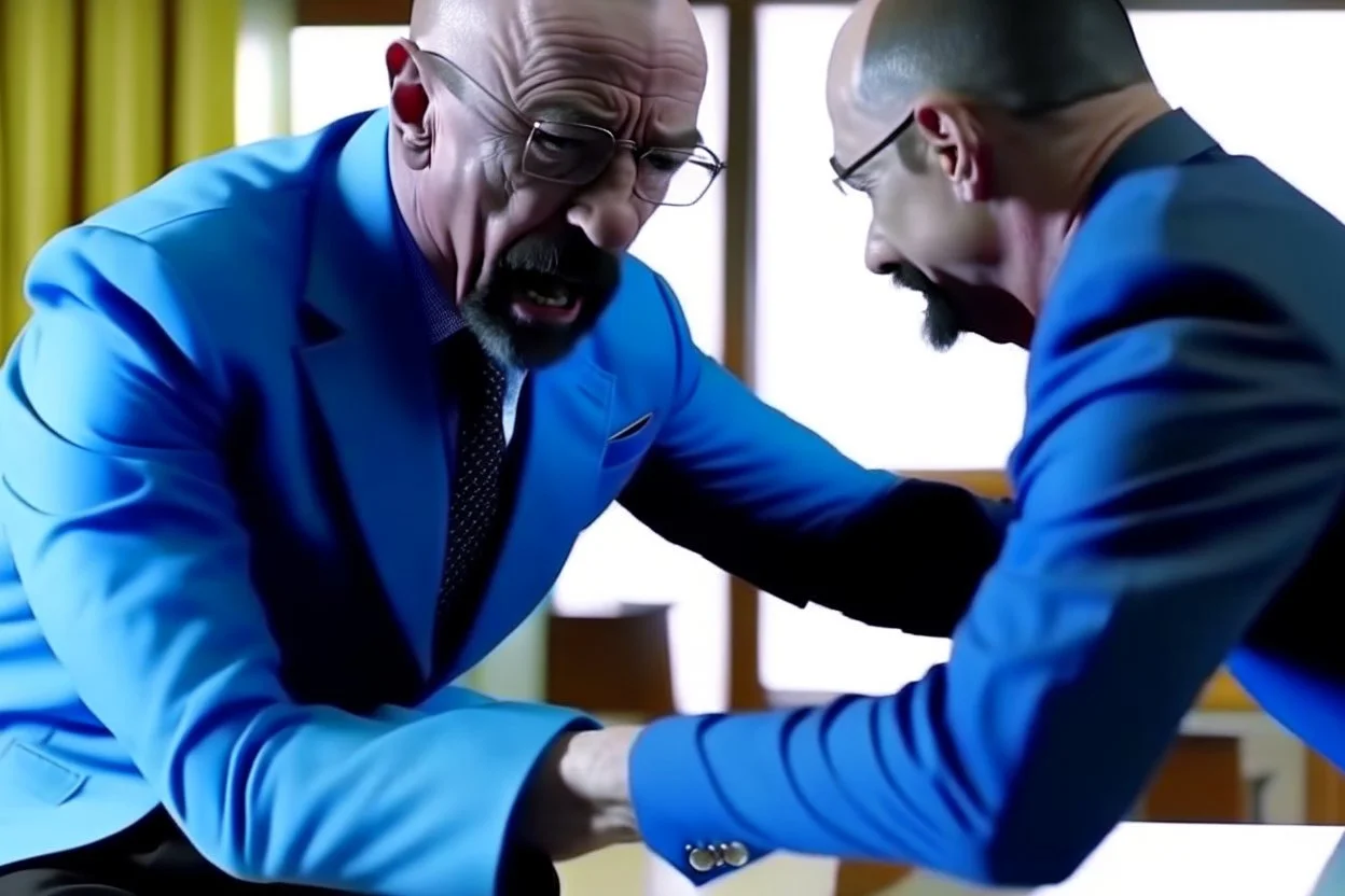 Walter white punching a blue dog in a hotel