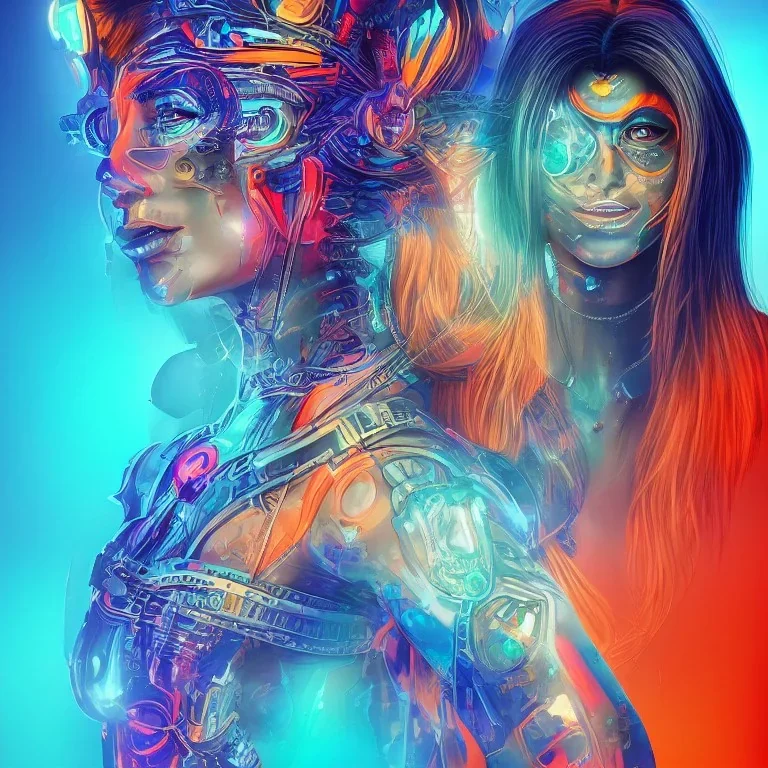 a beautiful and colorful facing portrait of one cyber punk woman shiva in 3D rendering with a mandala background blue and orange color scheme