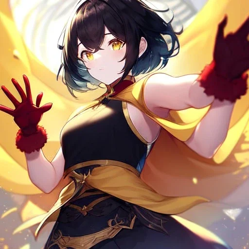 Clear focus,High resolution, Black short fluffy hair, and yellow eyes, wearing a black short skirt, sleeveless crop top, wearing long dark red gloves, yellow cloak, Holding hand out