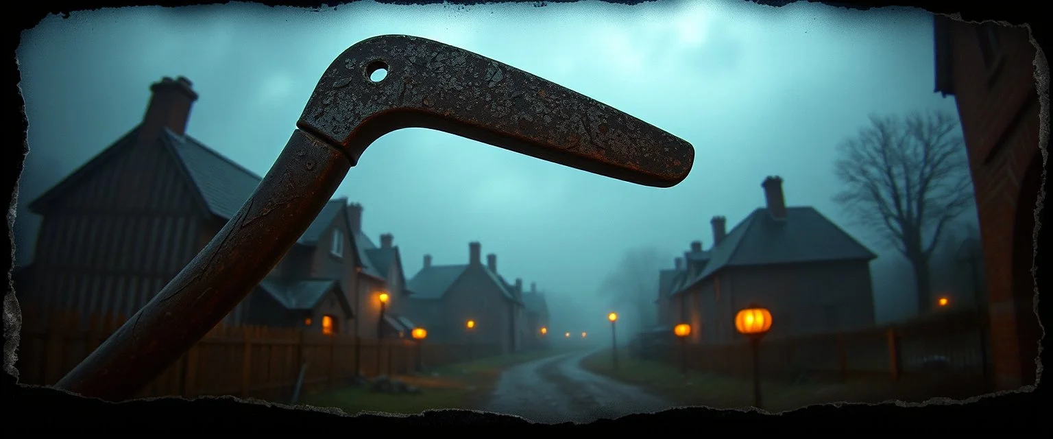 a crowbar , pinhole cam, airbrush 3d rendering, in the style of John Atkinson Grimshaw , torn edges on border