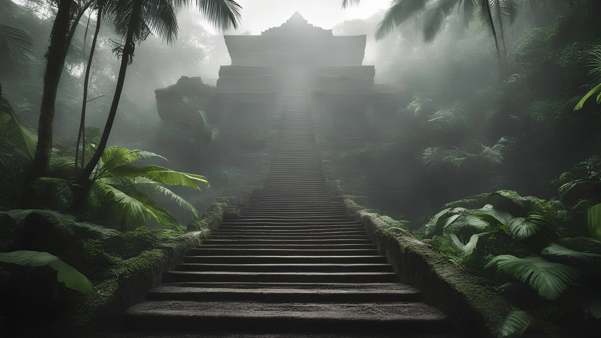 Photoreal magnificent low angle view in the jungle of an enormous water surrounded mayan jungle pyramid with stairs surrounded by a murky moat in a jungle rich environment in morning mist y lee jeffries, otherworldly creature, in the style of fantasy movies, photorealistic, shot on Hasselblad h6d-400c, zeiss prime lens, bokeh like f/0.8, tilt-shift lens 8k, high detail, smooth render, unreal engine 5, cinema 4d, HDR, dust effect, vivid colors