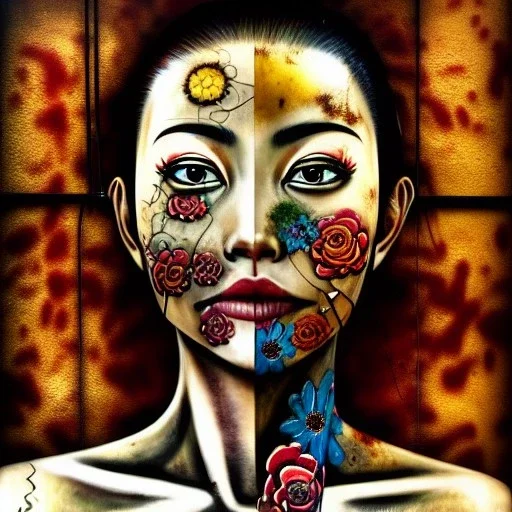 an abstract painting of rusted metal and flowers, beautiful smiling fullbody Yakuza Woman portrait, with fullbody japanese realistic tattoes, realistic,rust, scaffolding, iron cladding, decay, mixed media, textured, anatomically correct, beautiful perfect face, sharp focus, highly detailed by Johannes Vermeer 8k