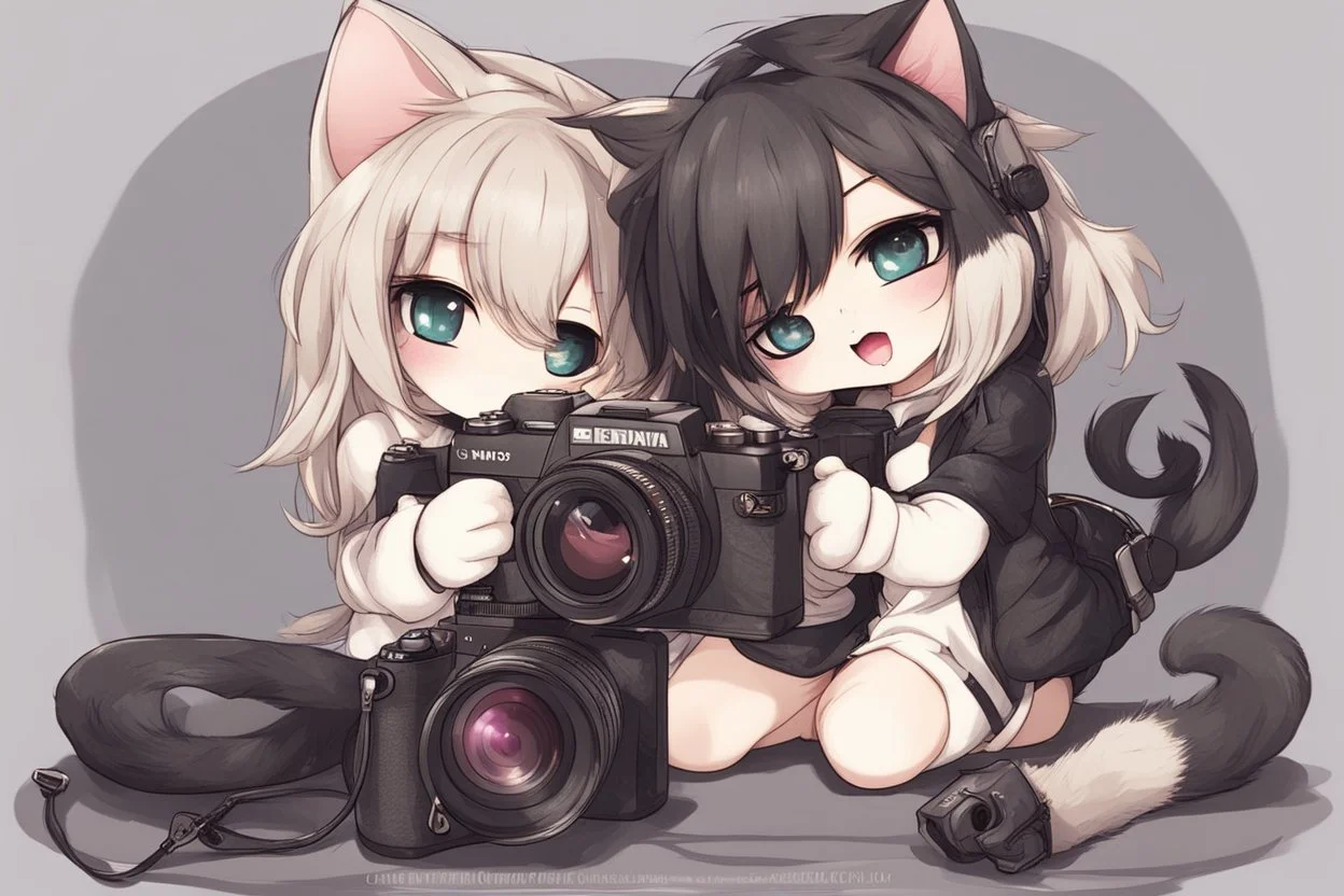 cute chibi photographer cat taking photos about a sexy cat girl