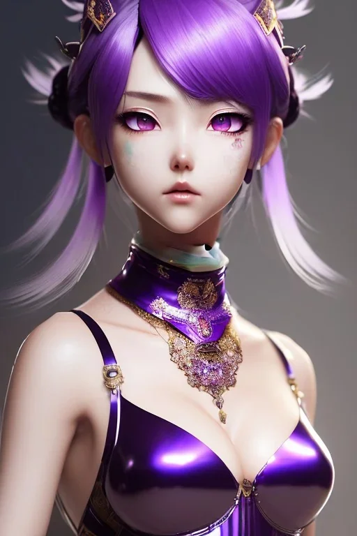 Detailed cute anime Kunoichi girl, purple hair buns, purple bangs, black latex bodysuit, intricate details, full body portrait, keep head in frame, slight smile, black Japanese motif, concept art, highly detailed, digital painting, concept art, sharp focus, illustration, art by Yoji Shinkawa, WLOP and greg rutkowski and alphonse mucha and artgerm and yanjun Chen and Junji ito and Makoto Shinkai, HDR, octane render