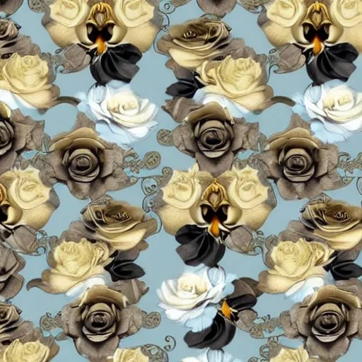 black brown grey cream and gold light blue Roses and orchids art nouveau