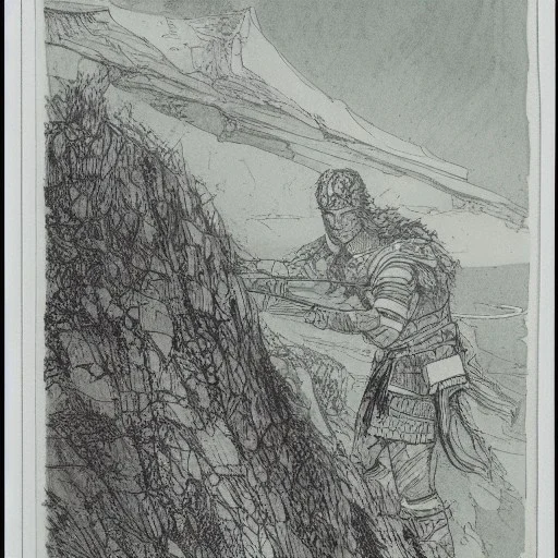 a landscape etching of a barbarian warrior on a cliff overlooking the sea by Barry Windsor-Smith