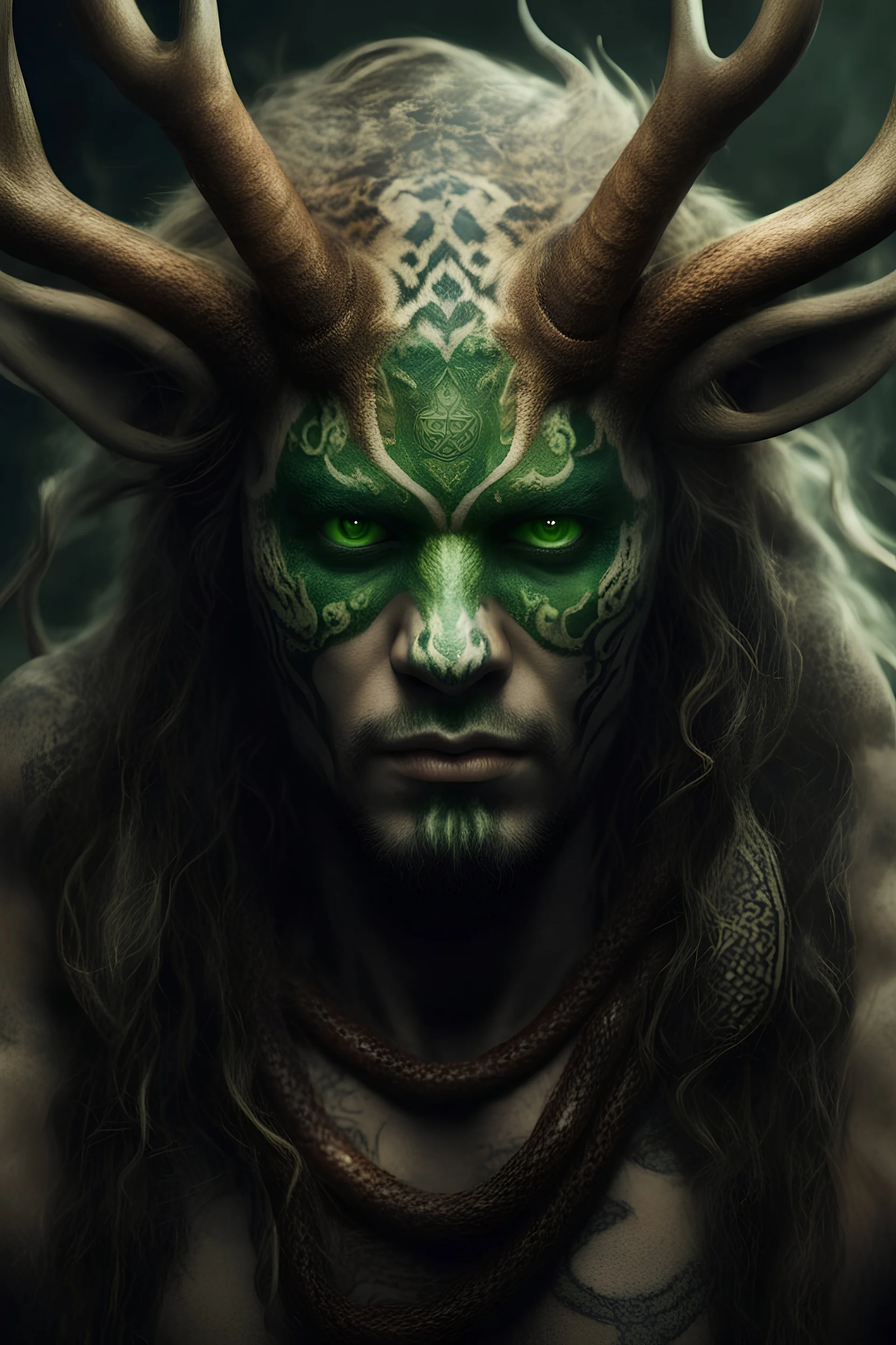 demon with deer antlers, tiger fangs, four green eyes on his face, snake skin, ethnic symbols and Scandinavian signs on his body, high definition image, realistic image