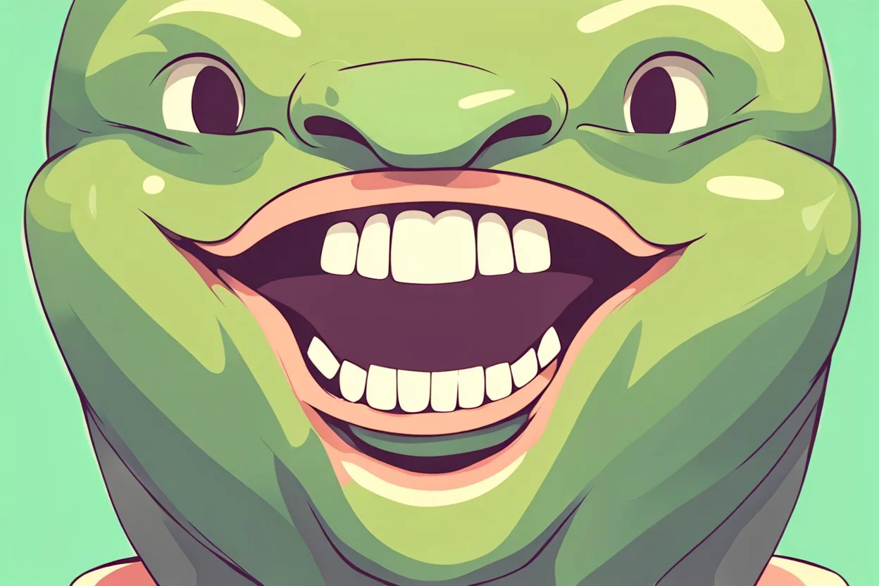 closeup on face of cute character with big toothy grin, peculiar character style