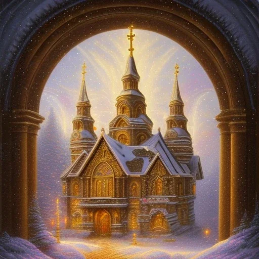 Ancient Armenian Church decorated with intricate stone carvings on a snowy night, golden crosses on tops, pink light inside, many different color northern lights, mountains, 10 second long exposure highly detailed ultra reallistic oil on canvas cinematic lighting colourful Jacek Yerka Thomas Kinkade Caspar David Friedrich long exposure good atmosphere