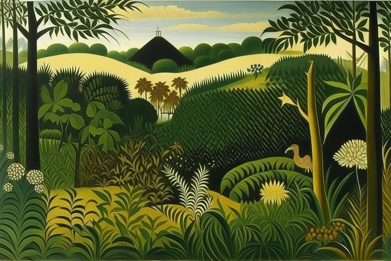 A jungle near a city painted by Henri Rousseau