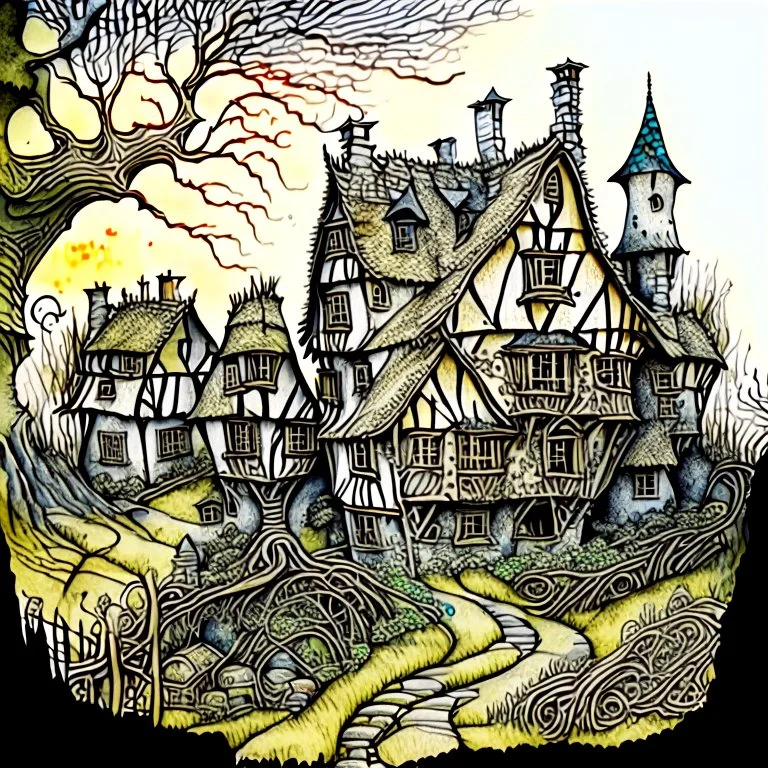 in the style of Arthur Rackham and Van Gogh, zentangle country side village, fantastical surrealistic, elegant, beautiful high definition fine 3D line art, watercolor ink and pen, extremely detailed, intricate, elaborate, HDR, beautiful, award winning, fantastic view, muted colours, fantasy, crisp quality