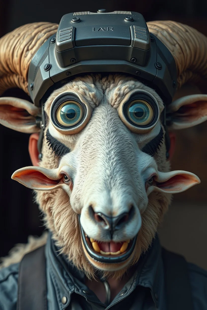 with heading (autofarm) in poster form,a portrait of a fat head mechanic sheepman, man is eating a hybrid mixed body part sheep, giant eyes sheep alien style H.R giger look. as one headed mouth open, rough teeth