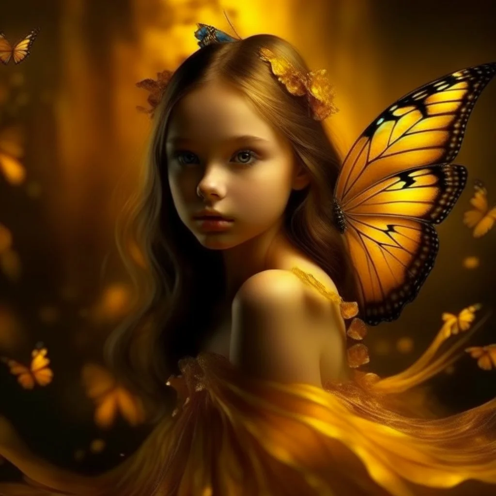 A beautiful young girl in the form of a butterfly flying in golden yellow, a wonderful fantasy scene that is attractive and eye-catching