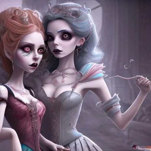 extrem tim burton style of the evil stepsisters, sharp focus, photorealistic eyes