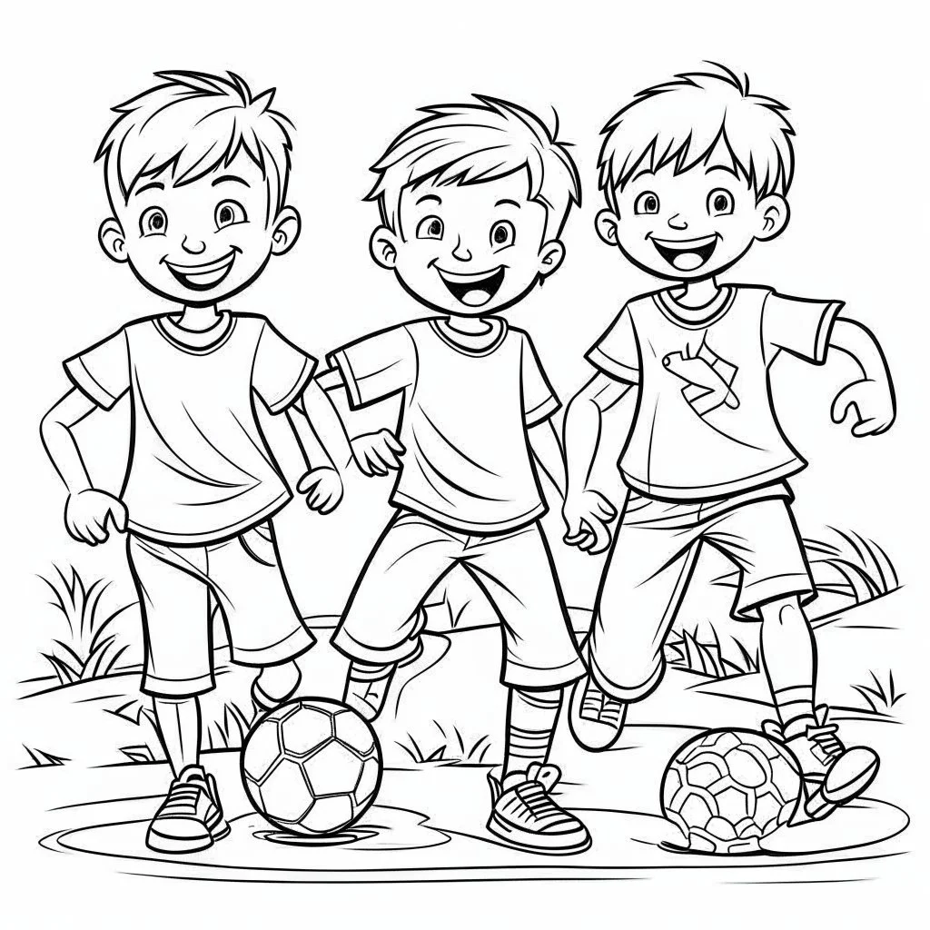 group of boys playing football, for coloring book