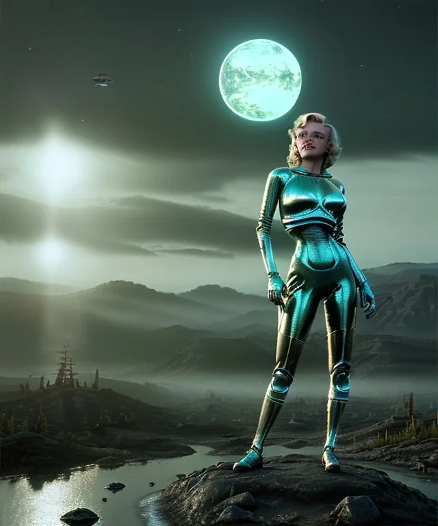 Ultra Realistic retro sci-fi 1960 scene, waist up view portrait, blonde woman, sweet young Marilyn Monroe face, perfect iris, tight latex coat, alien planet background, tight style, steel sphere dron levitating, fog, rain, soft color, highly detailed, unreal engine 5, ray tracing, RTX, lumen lighting, ultra detail, volumetric lighting, 3d, finely drawn, high definition, high resolution.