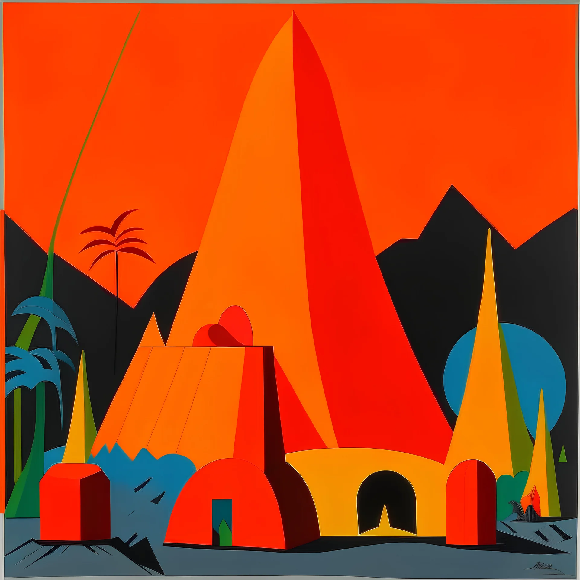 An orange volcano with pillars painted by Stuart Davis