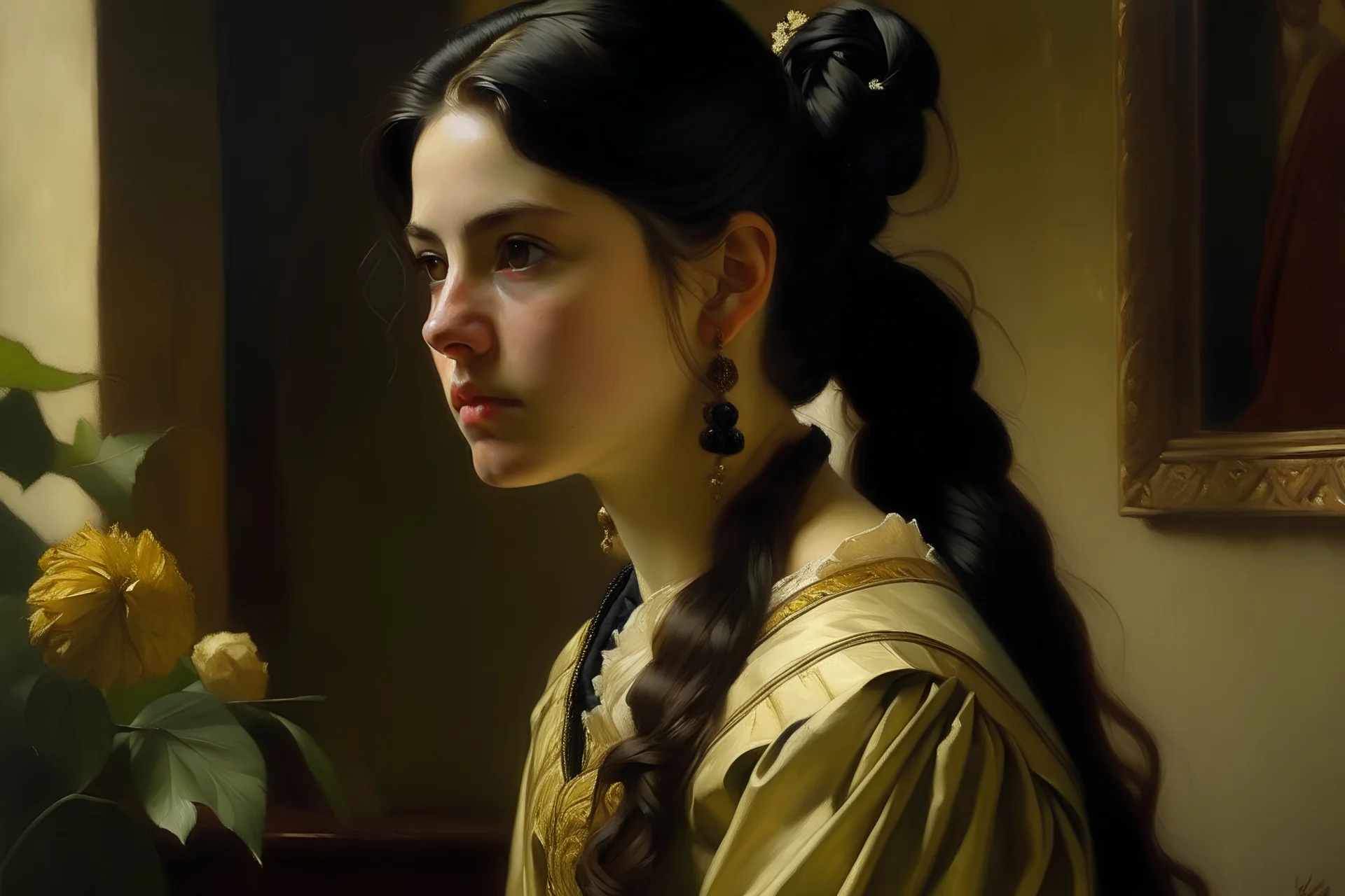 Peder Monk Monsted style, twenty-year-old black hair, woman in renaissance dress, directly