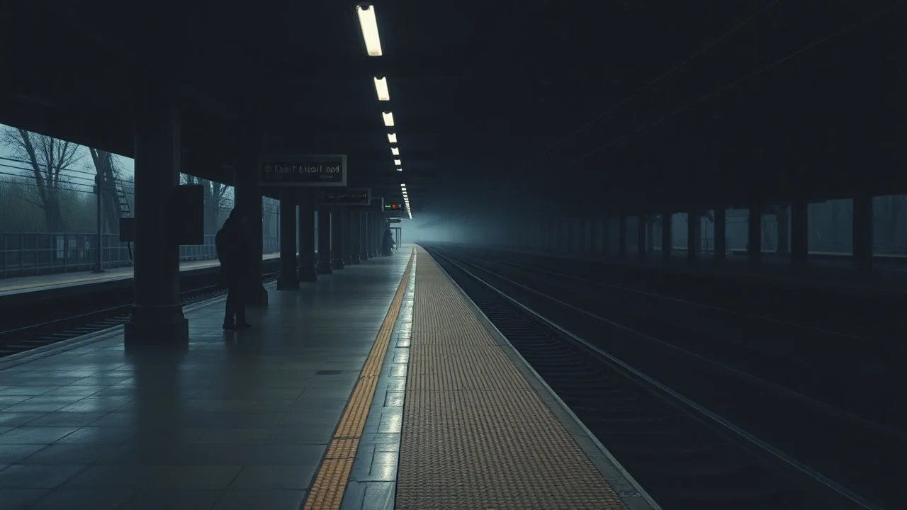 wpman in a minimal photo of empty dark outdoors train platform early in the morning with a feeling of a sense of discomfort or unease, often due to the emptiness or stillness in a dream-like style with no signs of life