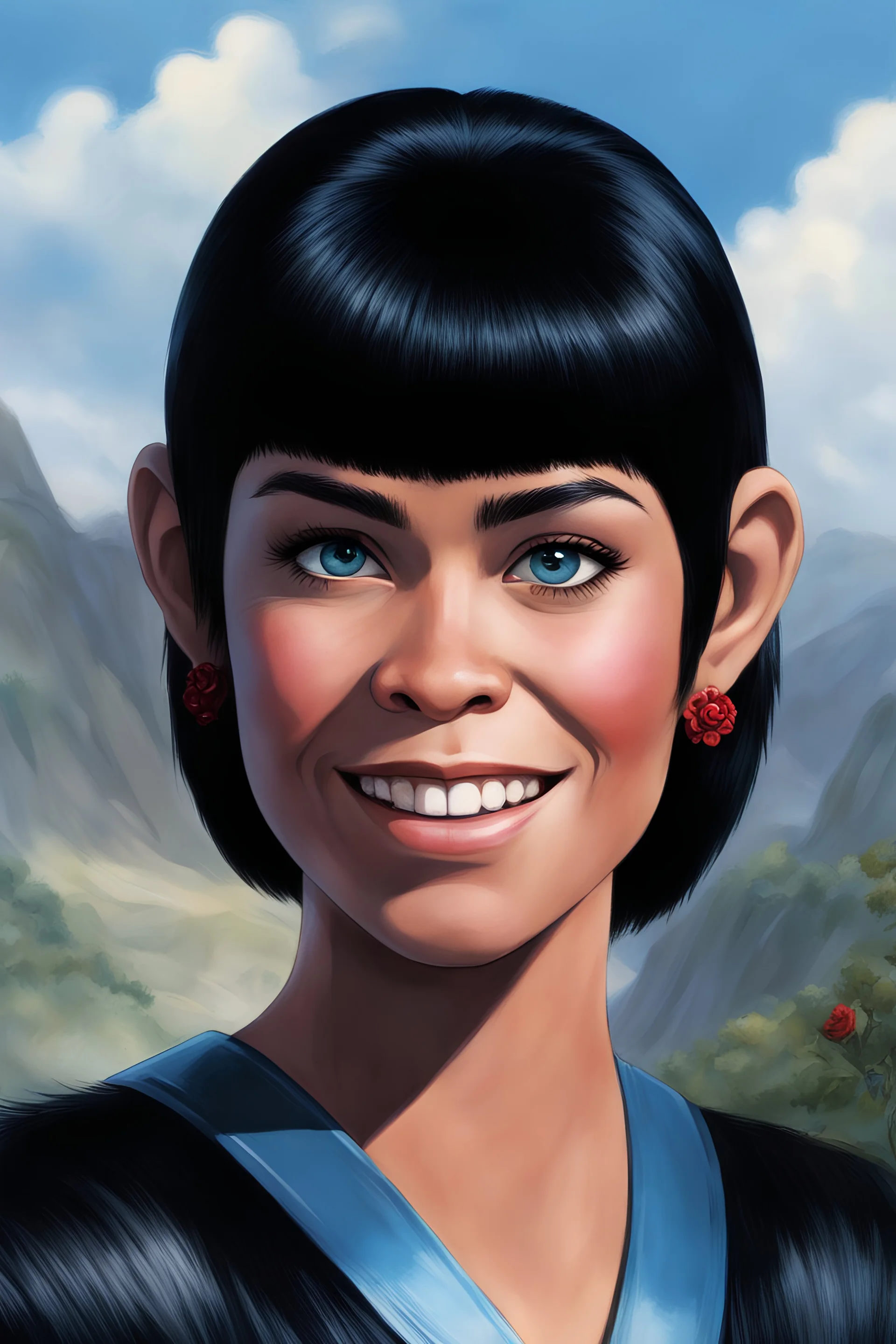 Planet of the Apes - black hair, Deep Blue Eyes - head and shoulders portrait - Smiling - Lenna, part chimpanzee, part human, short, bowl-cut, straight black hair, the bangs cut straight across the forehead, she resembles a Zira from the Planet of the Apes, and she resembles Spock - Mountains, blue skies, clouds, red roses, blue roses, yellow roses, honeysuckle roses, carnations, lilacs, oil painting by Gerald Brom