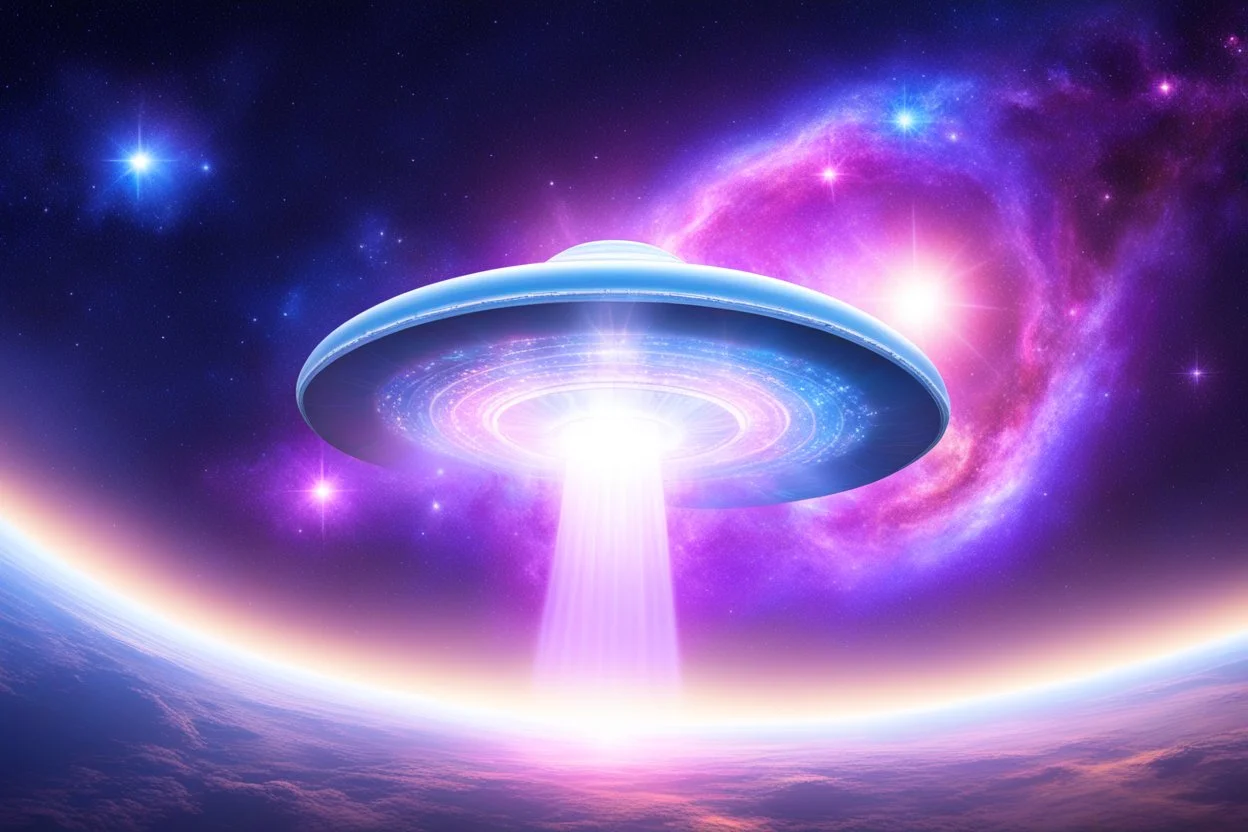a flying saucer made of light and bright over a galaxy