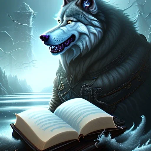 fantasy art, book cover, big mad wizard in front of the ebony stairs, a bridge or dam ,icy water, on the bridge is a big hairy mad wolf