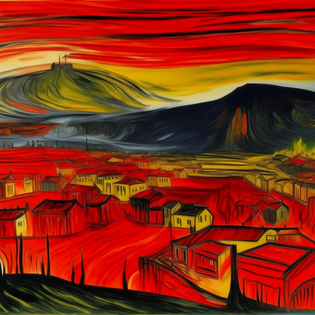A red town near a fiery volcano painted by Edvard Munch