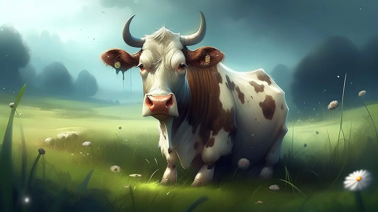 Fantasy digital illustration: old, sad cow in the meadow