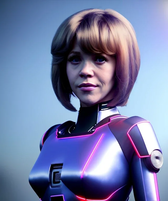 Artist, teenager jane fonda, android woman, sweet, clean skin, short hair, circuits, ghost in the shell, latex coat, feather, cyber punk, neon, bamboo, blood, portrait, studio photo, unreal engine 5, soft color, 16 bit, god lights, ray tracing, RTX, lumen lighting, ultra deatail, volumetric lighting, 3d, finely drawn, hd.