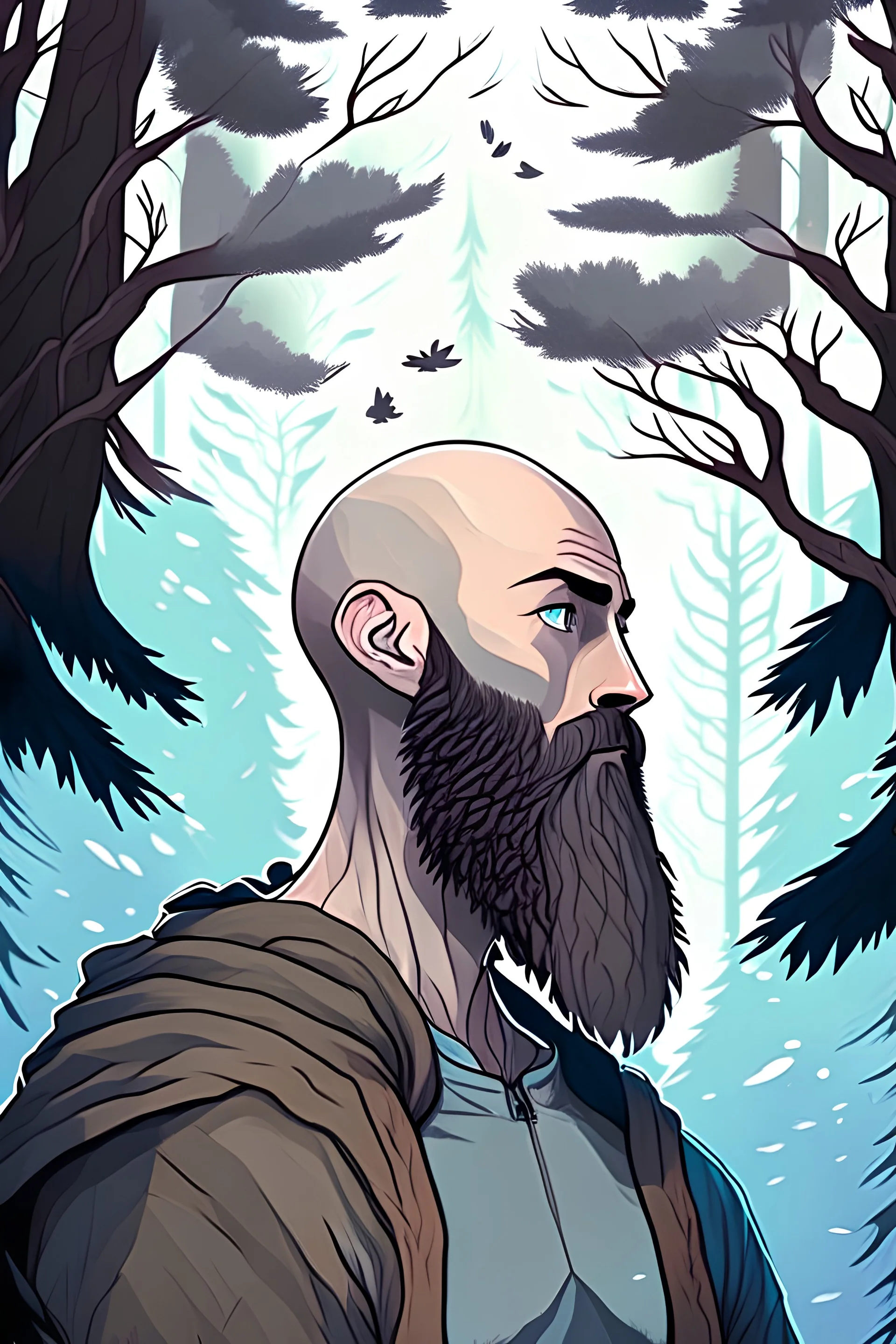 A tall, 30 year old bald man with a light brown beard. Beautiful misty color scheme. his skin is very pale, he has shadows under his eyes, his eyes are blue. He is rendered in the style of an anime and he is travelling through his dreams. In the dream is a great forest and spiritual creatures.