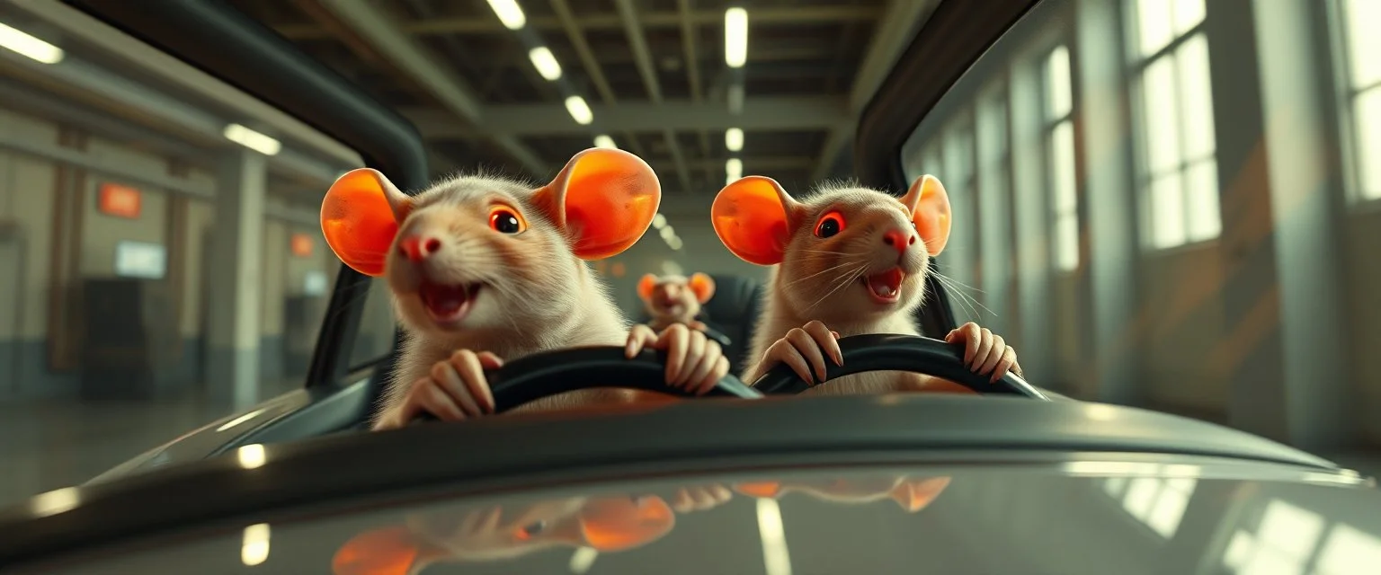 car driving happy 2d neon fluffy orc racer rats with human hands in the style of Escher and Giger and Fallout 4, pinhole cam, airbrush 3d rendering, on tv screen:A five-second cinematic single take in a clean industrial presentation hall.